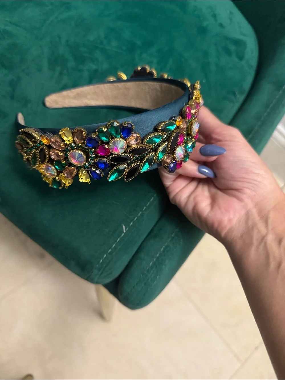 Embellished Teal Crystal Satin Headband - Women's Fashion Accessory